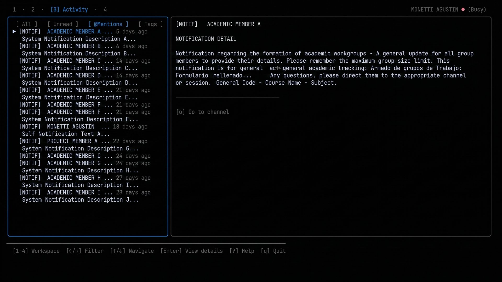Activity and notifications workspace with filter tabs in LazyTeams