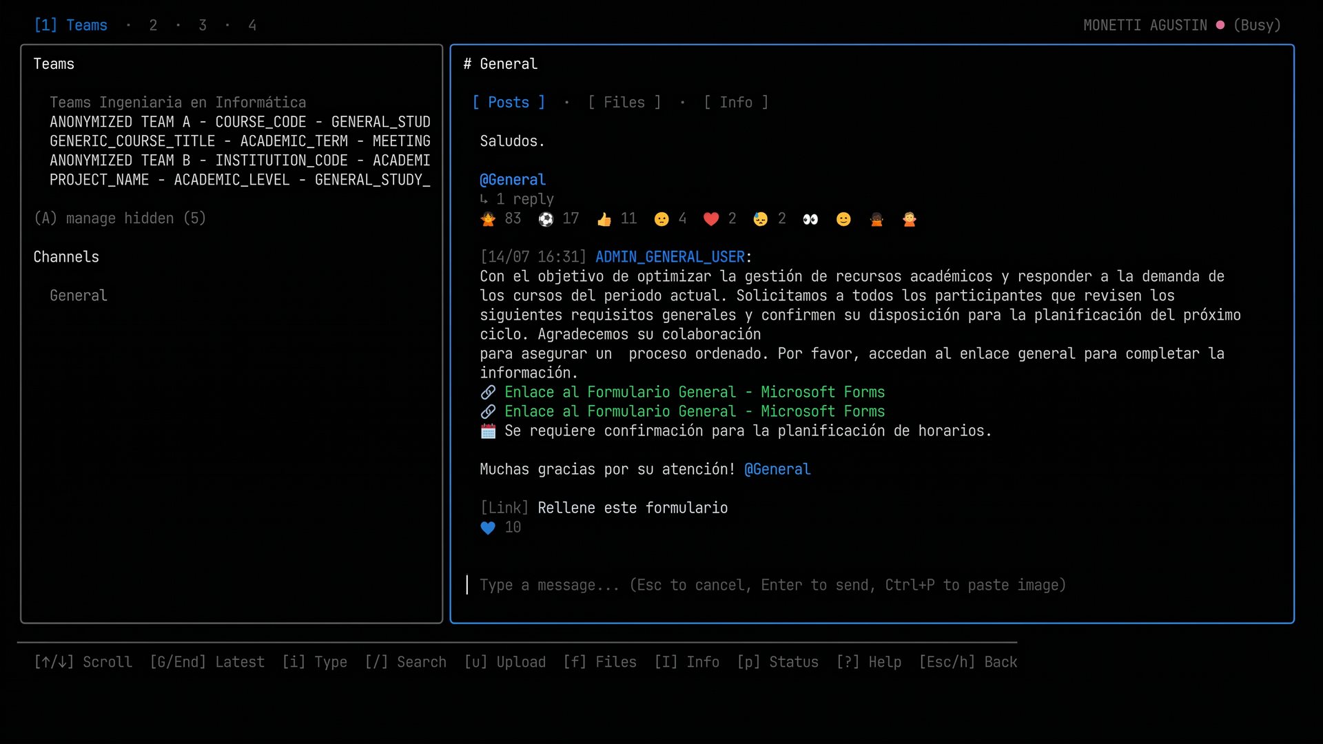 Teams and channels workspace in LazyTeams terminal client
