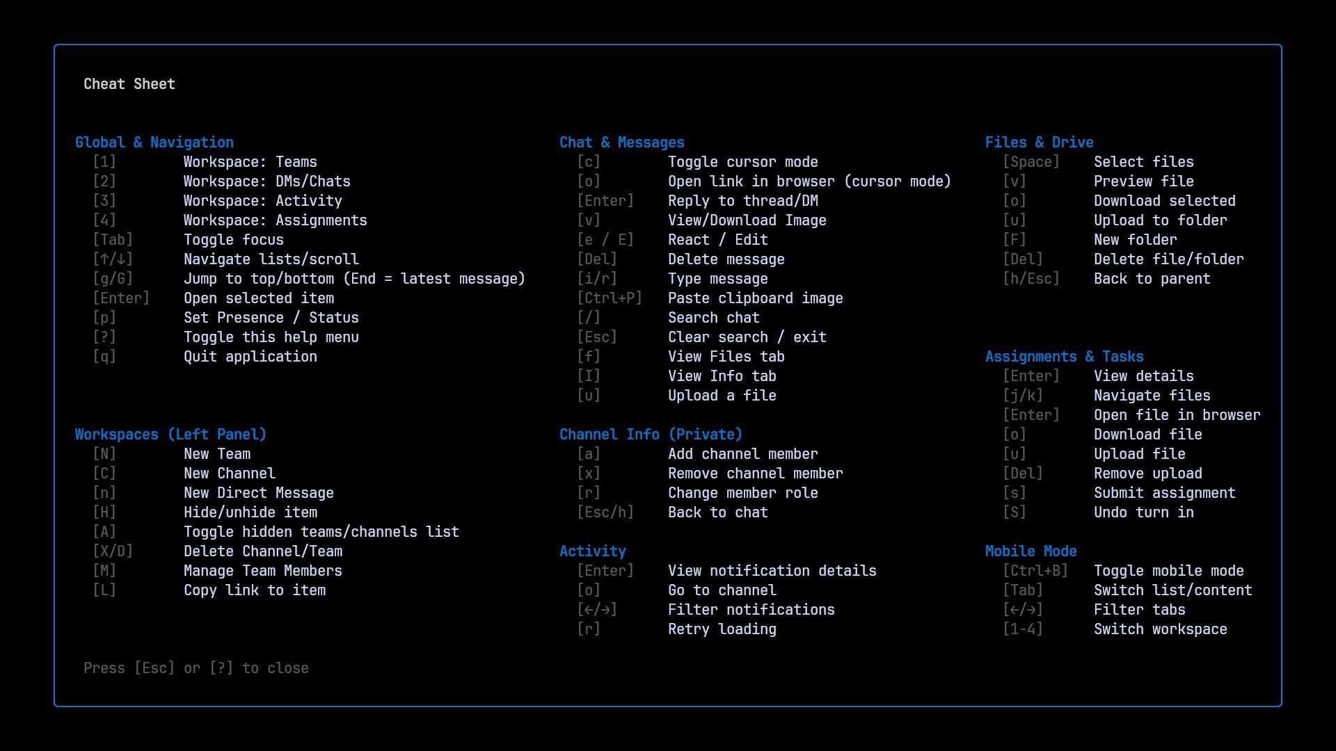 In-app full keyboard shortcut cheat sheet popup in LazyTeams terminal client
