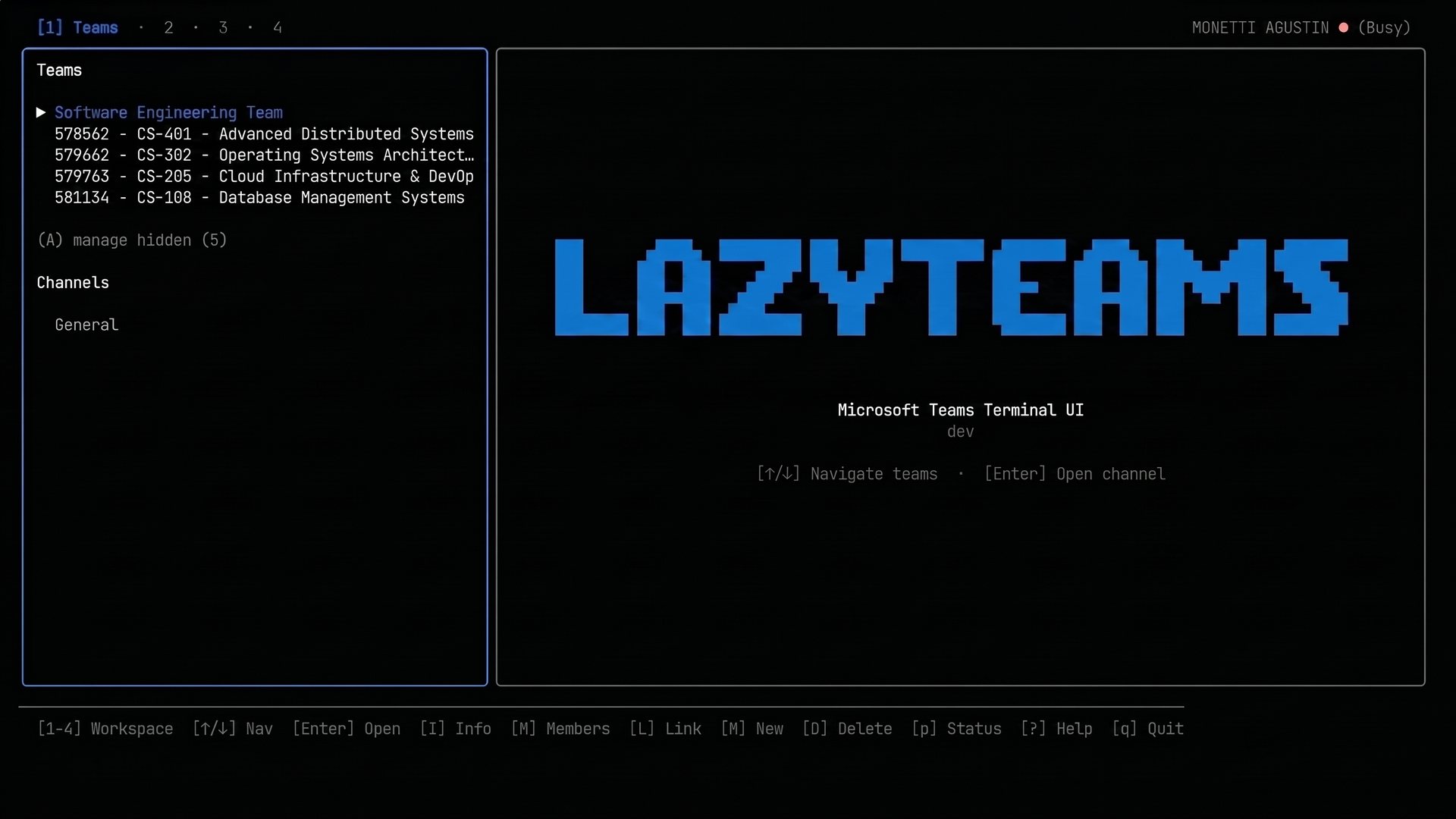 LazyTeams main interface after login showing authenticated Teams and channels workspace