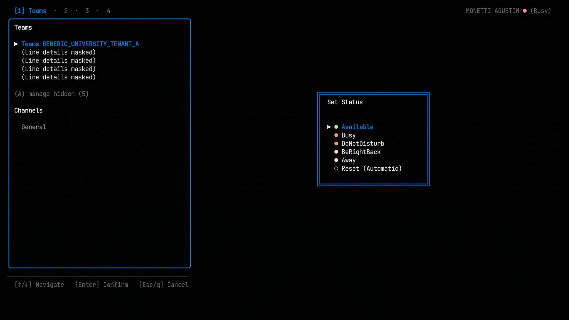 Presence status selection popup in LazyTeams terminal UI